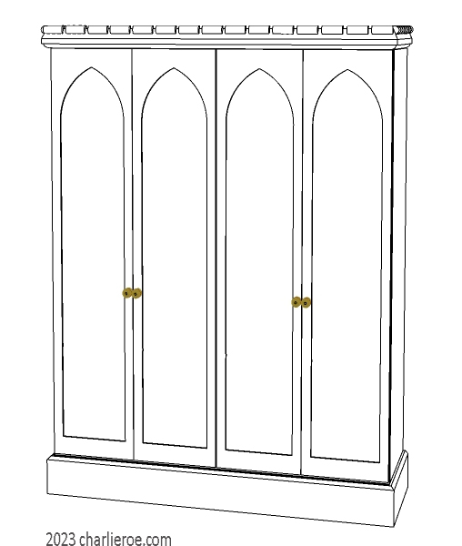new Gothic Gotik Gothique style painted 4 door bookcase, with tall lancet arch door panels with decorative Gothic patterns