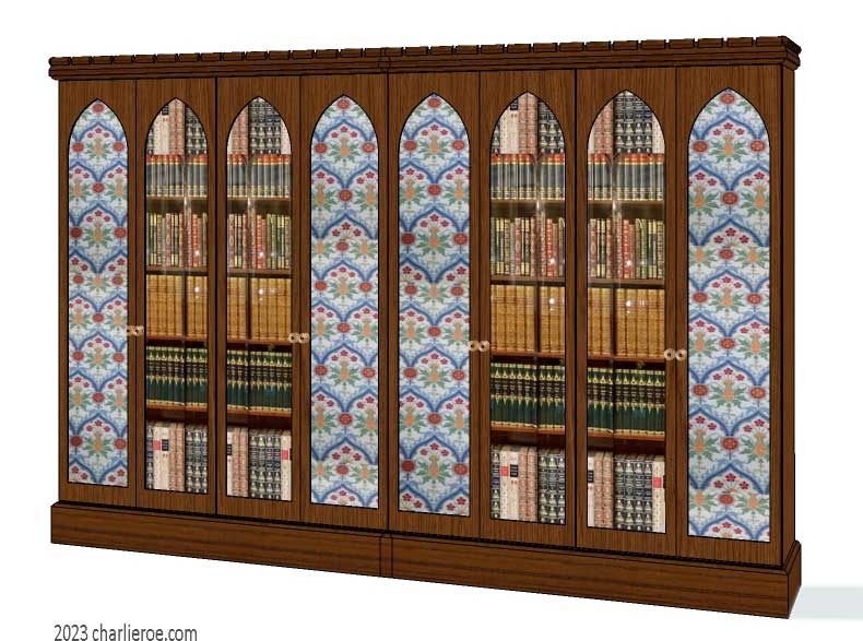 new Gothic Gotik Gothique style painted 8 door bookcase, with tall lancet arch door panels with glazed and decorative Gothic patterns