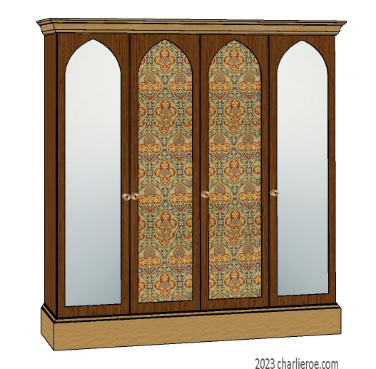 new Gothic Gotik Gothique style painted 4 door bookcase & matching 4 door sideboard, with lancet arch door panels with decorative Gothic patterns
