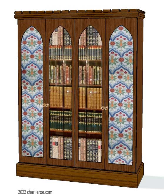 new Gothic Gotik Gothique style painted 4 door bookcase, with tall lancet arch door panels with glazed and decorative Gothic patterns