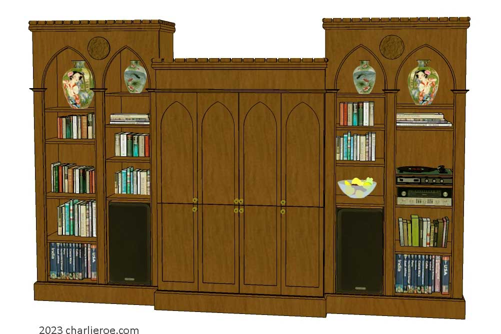 new Gothic Gothique Gotik breakfront dark wood bookcases & entertainment media centre TV unit with lancet arches