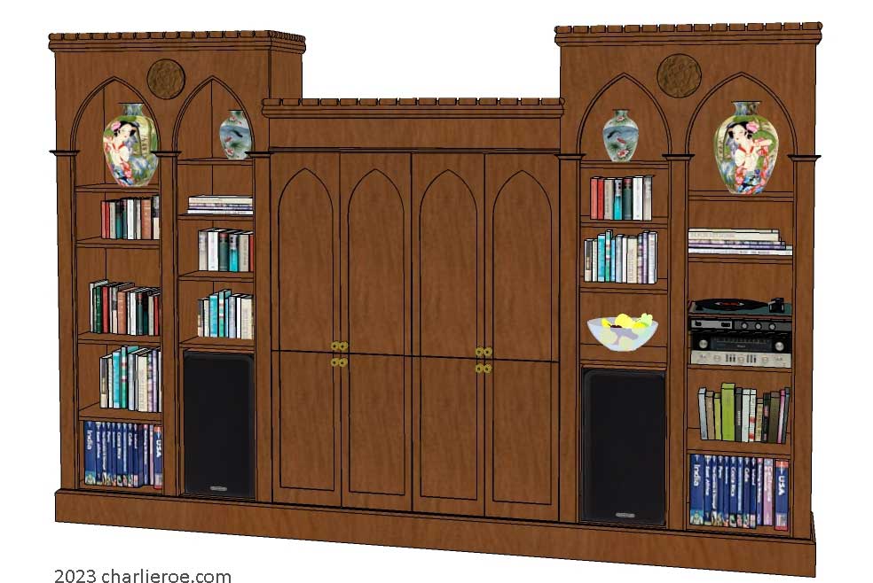 new Gothic Gothique Gotik dark wood entertainment media centre TV unit with lancet arches