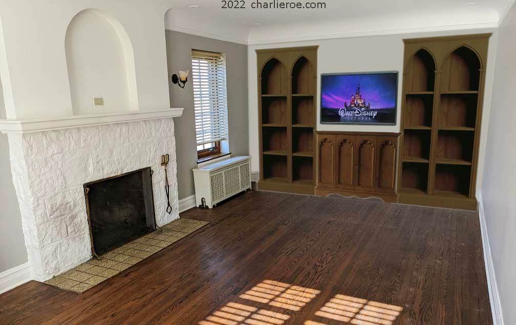 new Gothic Gothique Gotik dark wood entertainment media centre TV unit with lancet arches