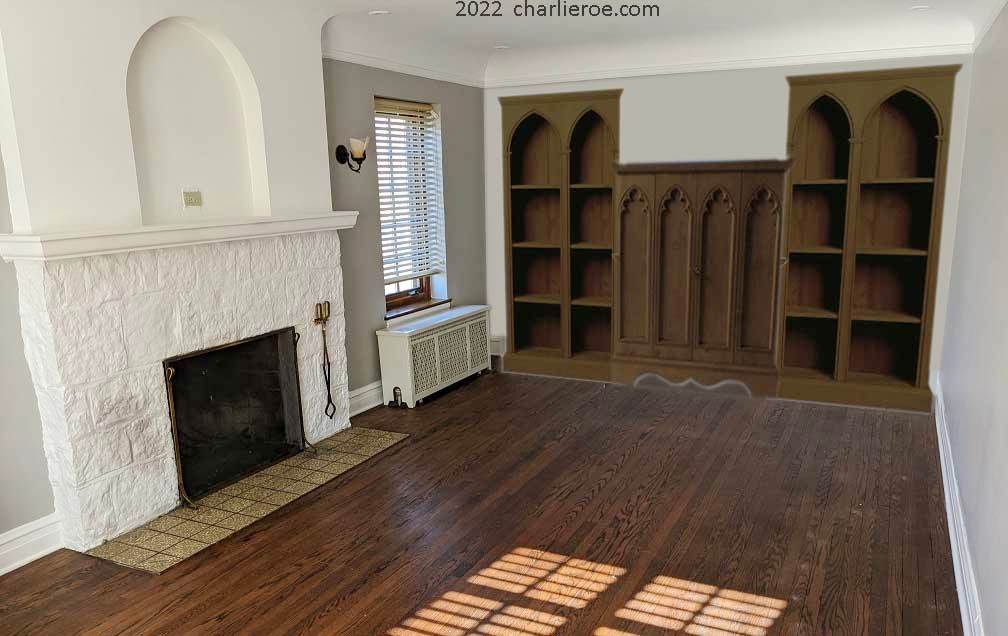 new Gothic Gothique Gotik dark wood entertainment media centre TV unit with lancet arches
