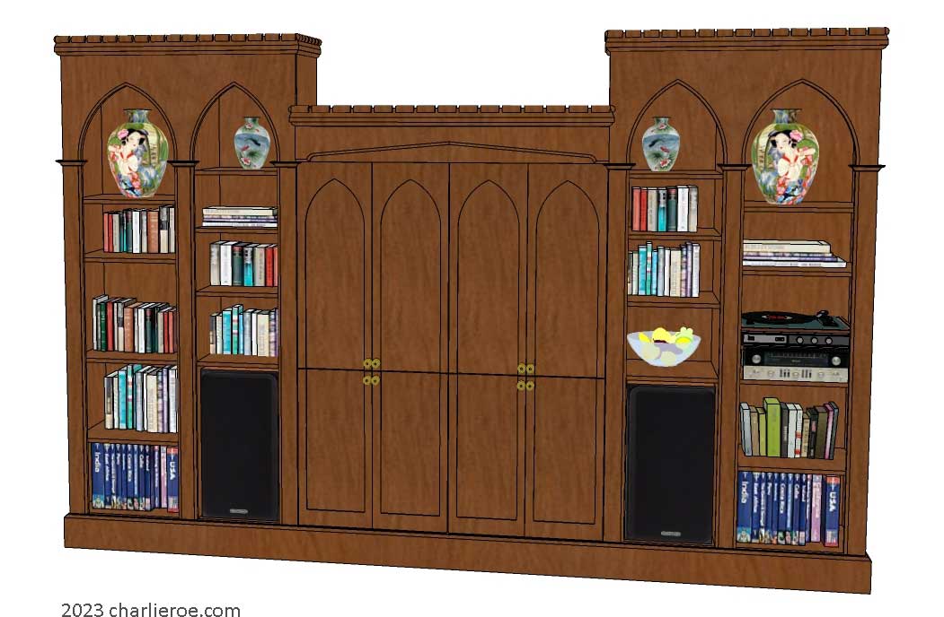new Gothic Gothique Gotik dark wood entertainment media centre TV unit with lancet arches