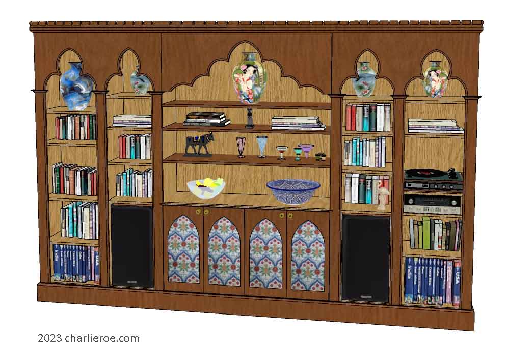 new Gothic Gothique Gotik 3 section bookcases with trefoil arches  in a combination of medium & dark wood finish