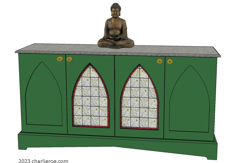 new Gothic Gothique Gotik 4 door painted sideboard cabinet with decorative Lancet door panels