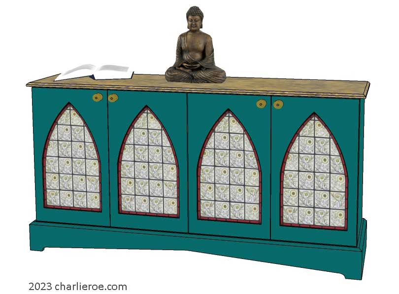 new Gothic Gothique Gotik 4 door painted sideboard cabinet with decorative Lancet door panels