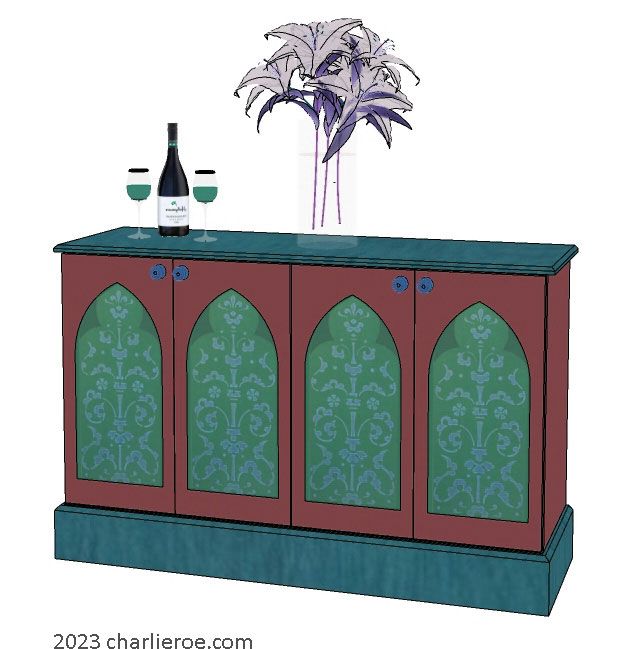 new Gothic Gothique Gotik 4 door painted sideboard cabinet with decorative Lancet door panels