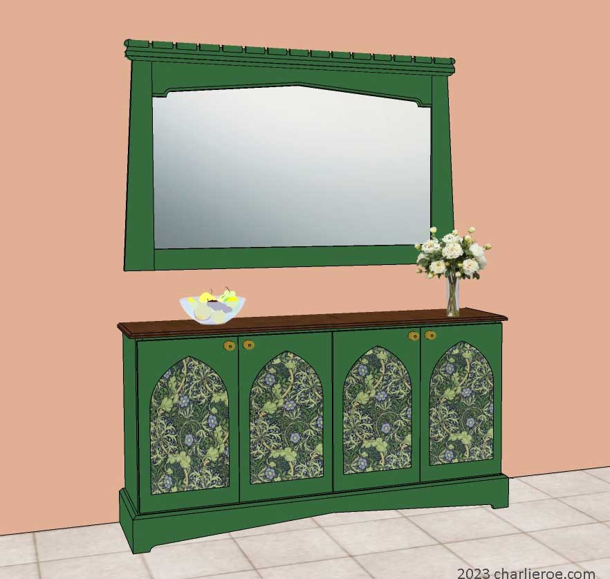 new Gothic Gothique Gotik 4 door painted sideboard cabinet with decorative Lancet door panels and matching large wall mirror