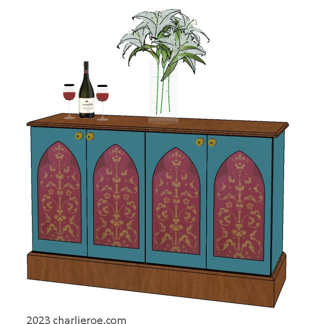 new Gothic Gothique Gotik 4 door painted sideboard cabinet with decorative Lancet door panels