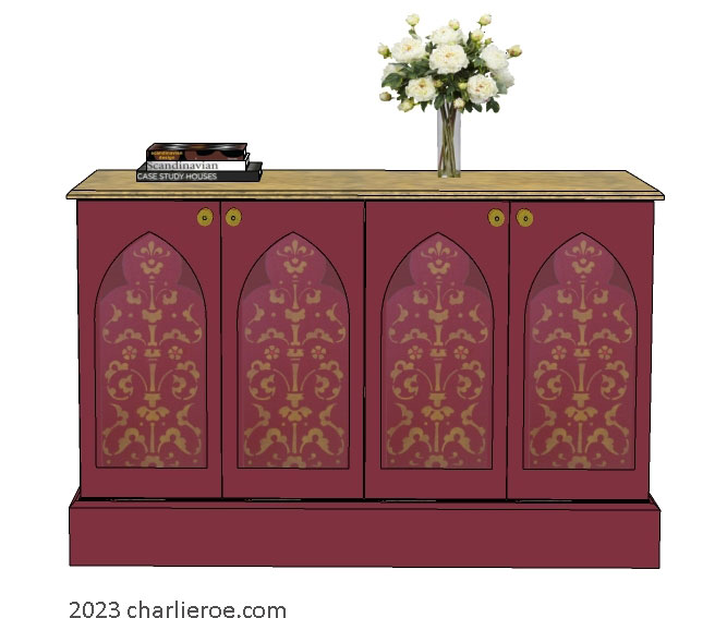 new Gothic Gothique Gotik 4 door painted sideboard cabinet with decorative Lancet door panels