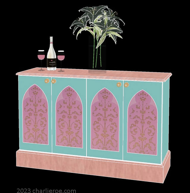 new Gothic Gothique Gotik 4 door painted sideboard cabinet with decorative Lancet door panels