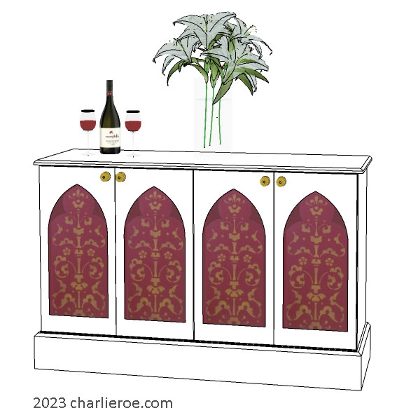 new Gothic Gothique Gotik 4 door painted sideboard cabinet with decorative Lancet door panels