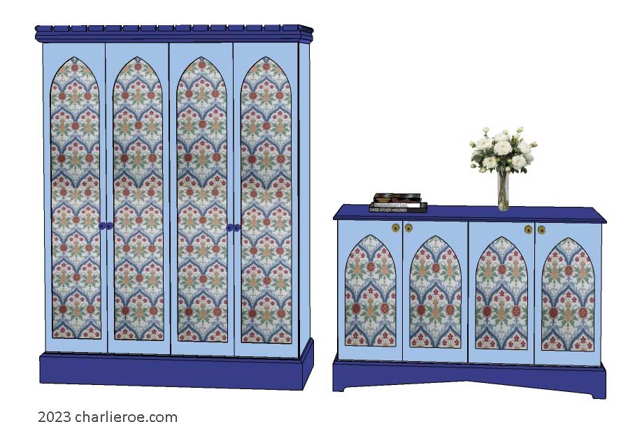 new Gothic Gothique Gotik 4 door painted tall cupboard & matching 4 door sideboard cabinet with decorative Lancet door panels