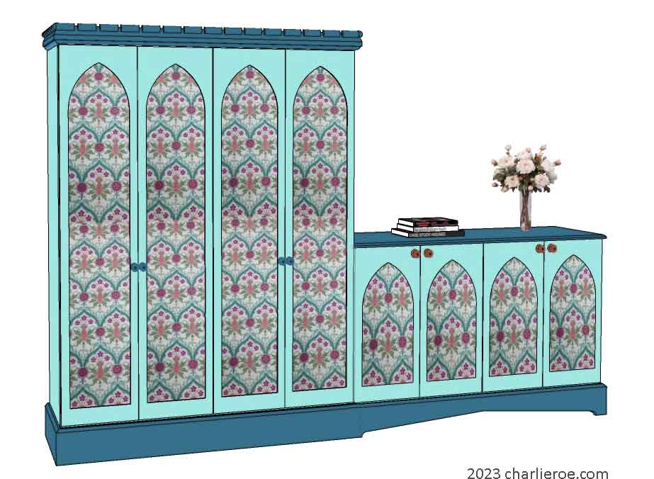 new Gothic Gothique Gotik 4 door painted tall cupboard & attached sideboard cabinet with decorative Lancet door panels