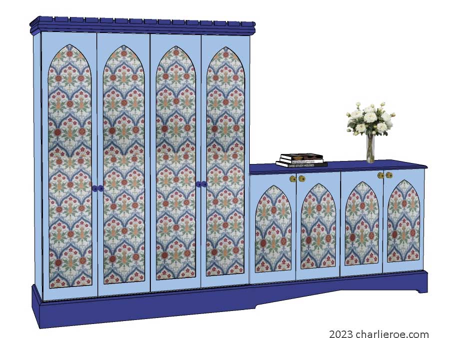 new Gothic Gothique Gotik 4 door painted tall cupboard & attached 4 door sideboard cabinet with decorative Lancet door panels
