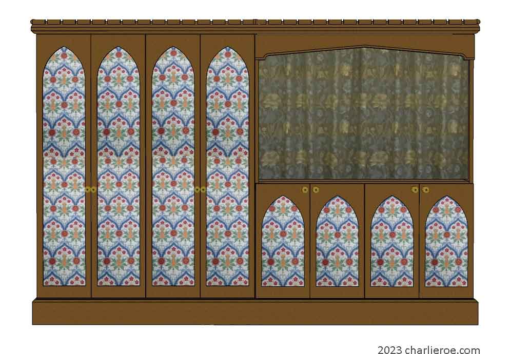 new Gothic Gothique Gotik 4 door painted tall cupboard & attached 4 door sideboard cabinet unit with decorative Lancet door panels
