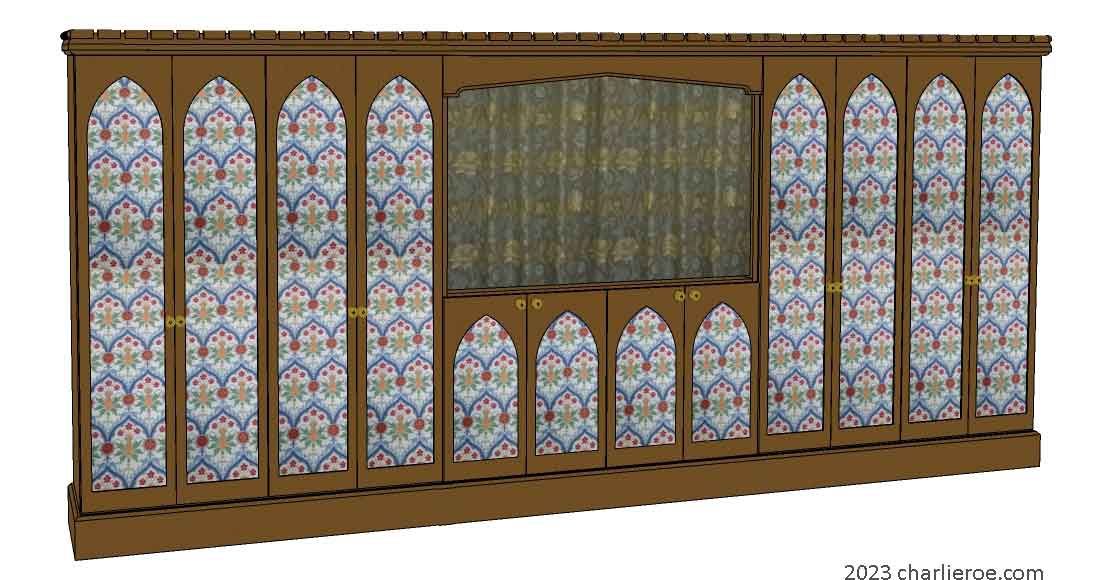 new Gothic Gothique Gotik two x 4 door painted 4 door tall cupoards with sideboard cabinet unit in between, with decorative Lancet door panels