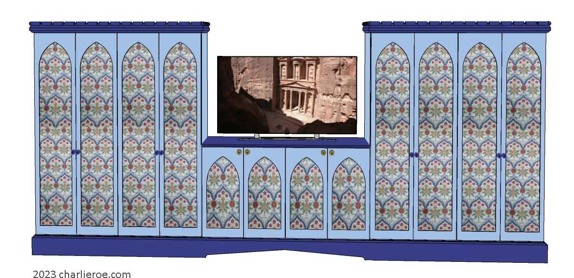 new Gothic Gothique Gotik two x 4 door painted 4 door tall cupoards with sideboard cabinet in between, with decorative Lancet door panels