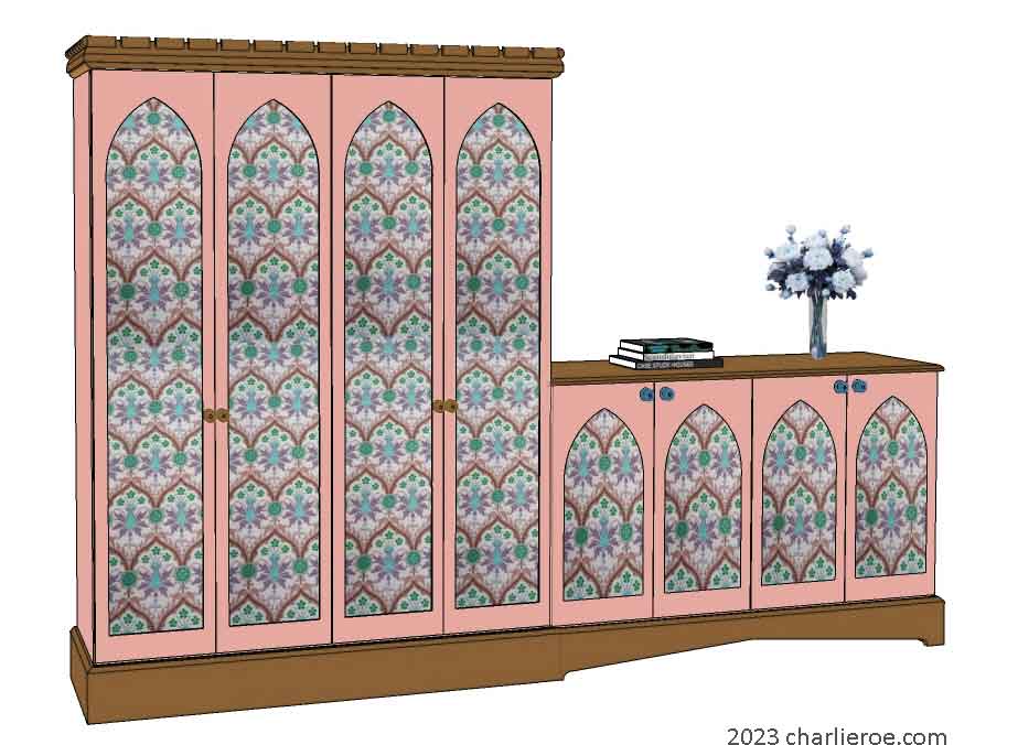 new Gothic Gothique Gotik 4 door painted tall cupboard & attached sideboard cabinet with decorative Lancet door panels