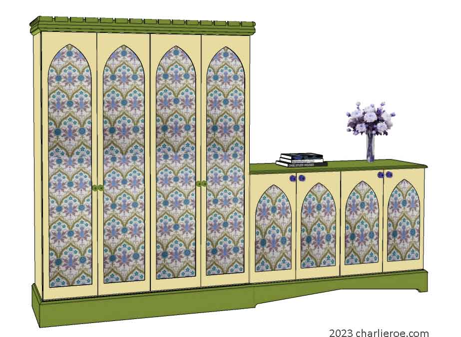 new Gothic Gothique Gotik 4 door painted tall cupboard & attached sideboard cabinet with decorative Lancet door panels