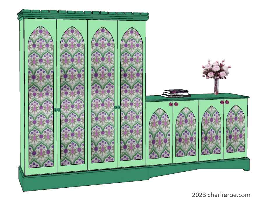 new Gothic Gothique Gotik 4 door painted tall cupboard & attached sideboard cabinet with decorative Lancet door panels