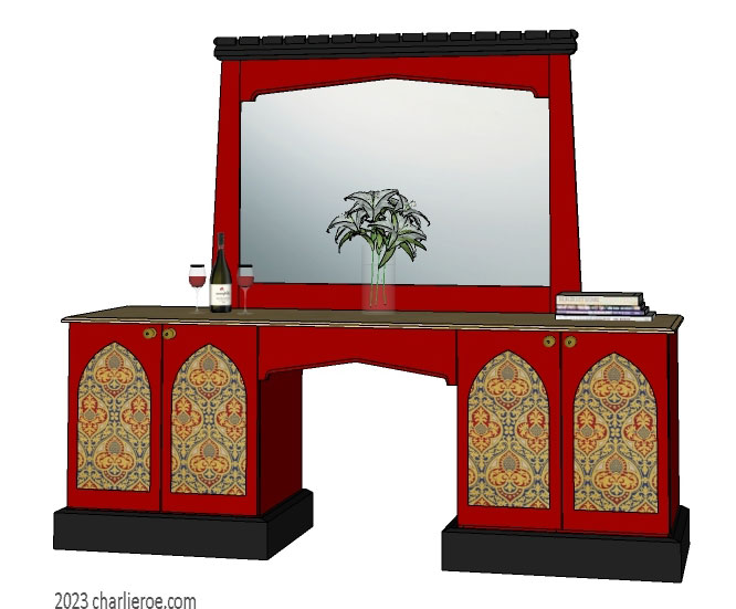 new Gothic Gothique Gotik 4 door wood & painted console table desk sideboard cabinet with decorative Lancet door panels & matching large mirror