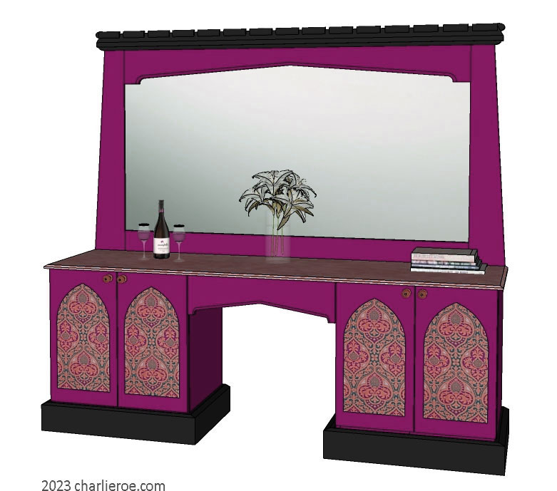 new Gothic Gothique Gotik 4 door wood & painted console table desk sideboard cabinet with decorative Lancet door panels & matching large mirror
