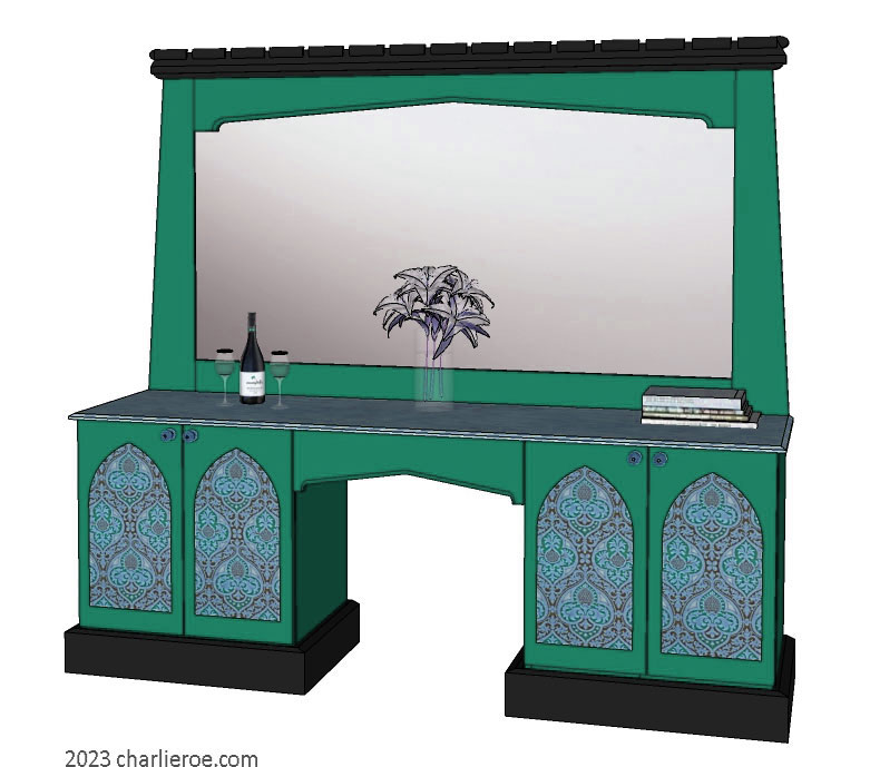 new Gothic Gothique Gotik 4 door wood & painted console table desk sideboard cabinet with decorative Lancet door panels & matching large mirror