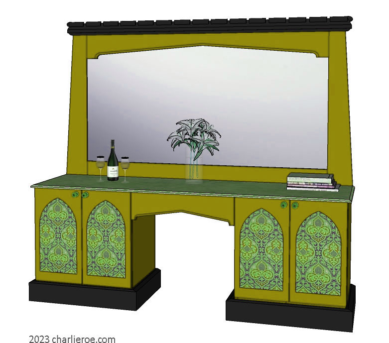 new Gothic Gothique Gotik 4 door wood & painted console table desk sideboard cabinet with decorative Lancet door panels & matching large mirror