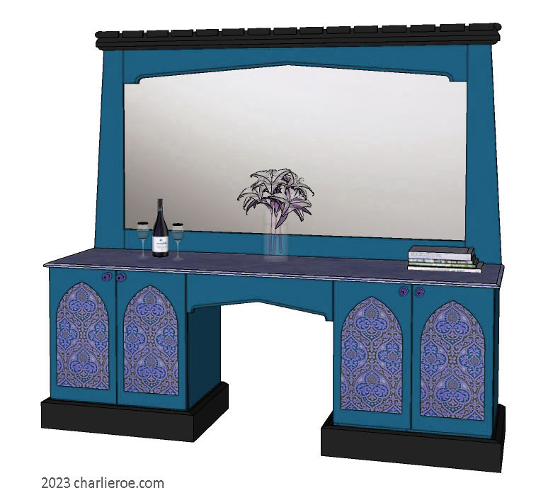 new Gothic Gothique Gotik 4 door wood & painted console table desk sideboard cabinet with decorative Lancet door panels & matching large mirror