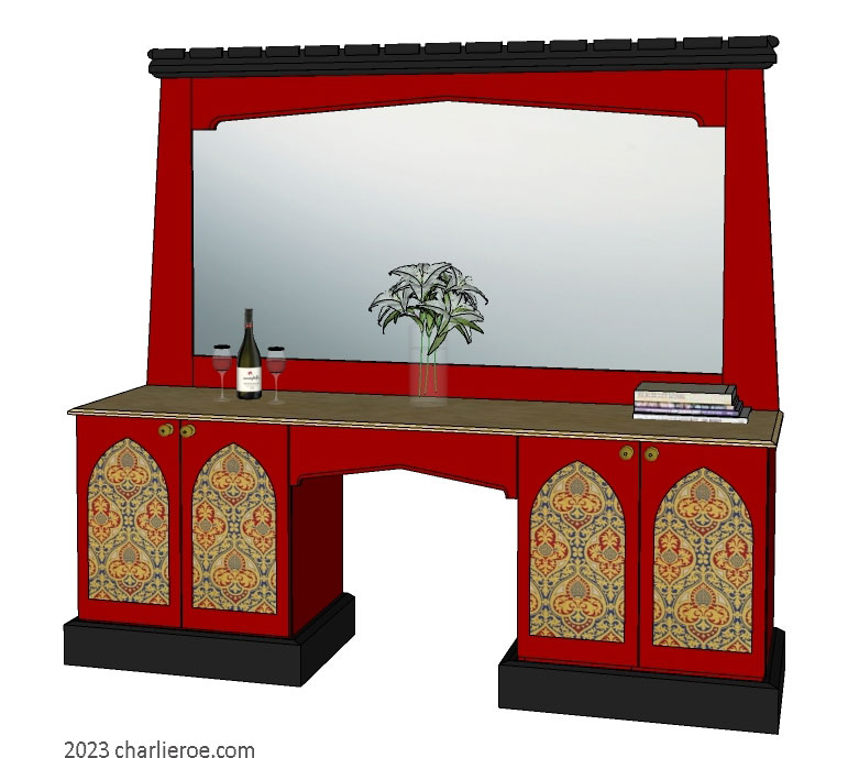new Gothic Gothique Gotik 4 door wood & painted console table desk sideboard cabinet with decorative Lancet door panels & matching large mirror