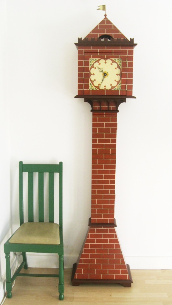 Painted Gothic 'Tower' grandfather clock shown with dining chair to give it scale