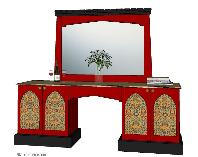 new Gothic painted 4 door 1 drawer desk with lancet & Tudor arches and decorative door panels