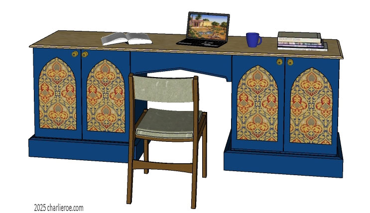 new Gothic painted 4 door 1 drawer desk with lancet & Tudor arches and decorative door panels