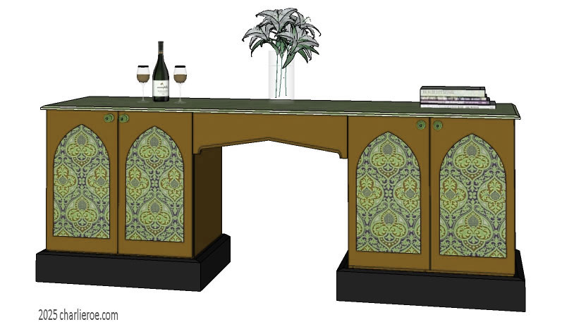 new Gothic painted 4 door 1 drawer desk with lancet & Tudor arches and decorative door panels