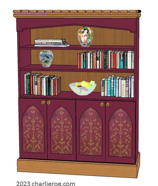 new Gothic painted & stencilled 4 door bookcase, with lancet & Tudor arches and decorative door panels and castellated cornice