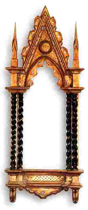 New Gothic Revival style painted gilded mirror frame, with top panels painted with dragons