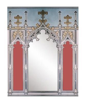 New Gothic Revival style painted & gilded triple tryptych mirror frame