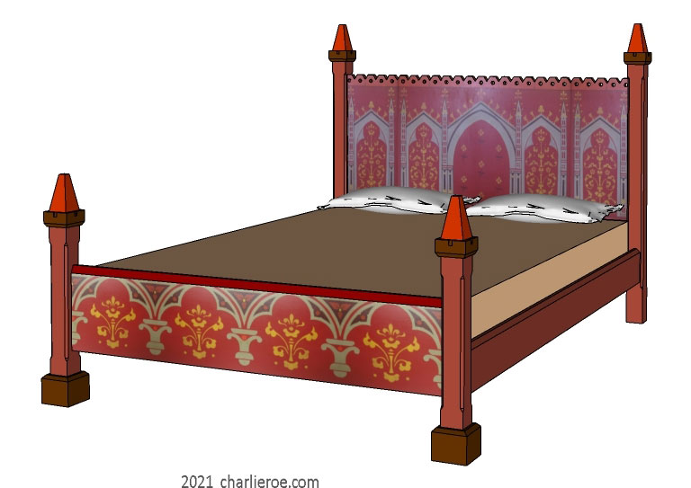 new Reformed Gothic Revival Wm Burges painted stencilled gilded double bed