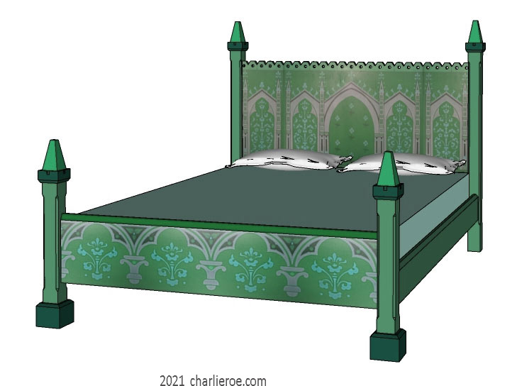 new Reformed Gothic Revival Wm Burges painted stencilled gilded double bed