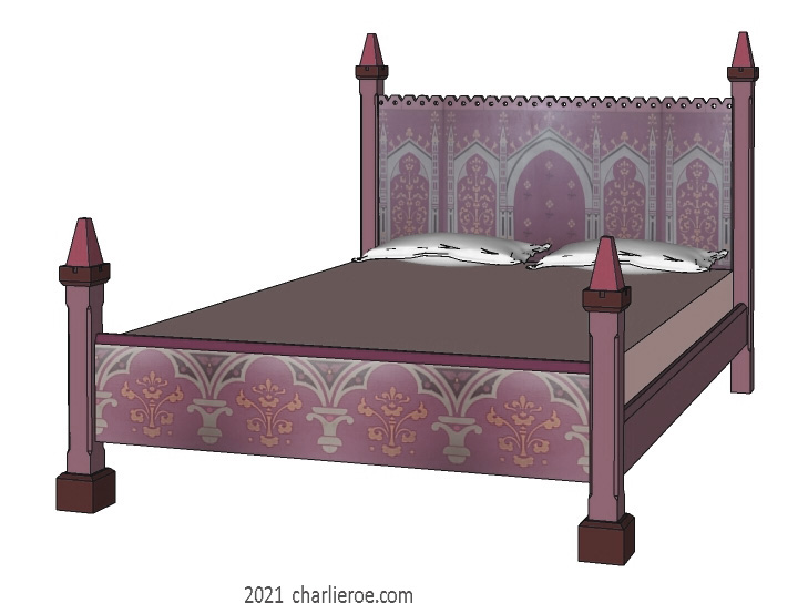 new Reformed Gothic Revival Wm Burges painted stencilled gilded double bed