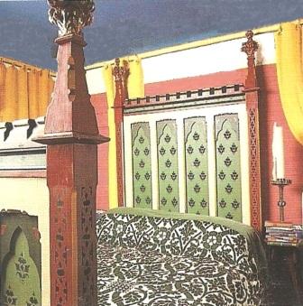 Wm Burges style painted stencilled gilded Reformed Gothic Revival bed