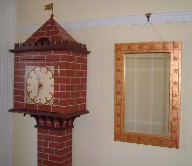 William Burges Gothic Revival red painted stencilled daisies mirror frame & Tower clock