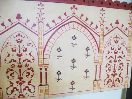 Wm Burges painted stencilled gilded Reformed Gothic Revival bed and bedroom furniture