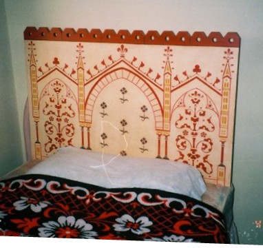 Wm Burges painted stencilled gilded Reformed Gothic Revival bed and bedroom furniture