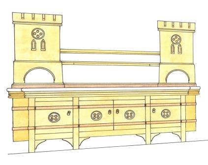 William Burges Gothic Revival painted castellated washstand vanity unit for Lady Bute's bedroom at Castell Coch furniture