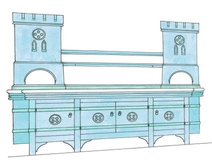 William Burges Gothic Revival painted castellated washstand vanity unit for Lady Bute's bedroom at Castell Coch furniture