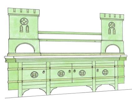 William Burges Gothic Revival painted castellated washstand vanity unit for Lady Bute's bedroom at Castell Coch furniture